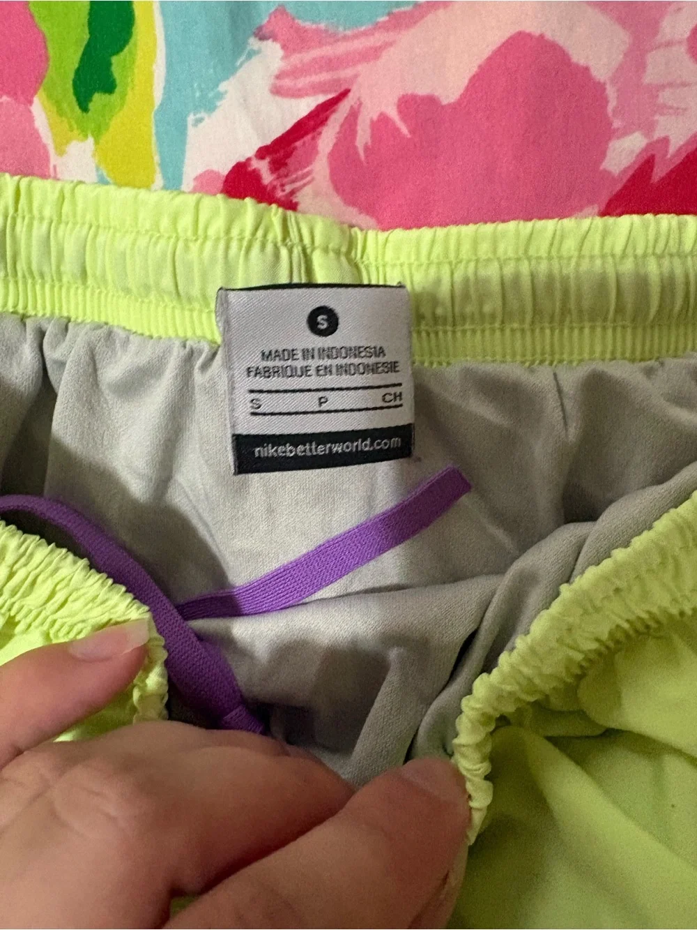 Nike Women’s Neon Yellow Athletic Shorts with Purple Trim